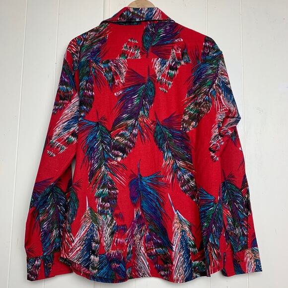 Red Linen Feather Print Bitton Up Blouse Women’s Size Medium - Picture 5 of 7